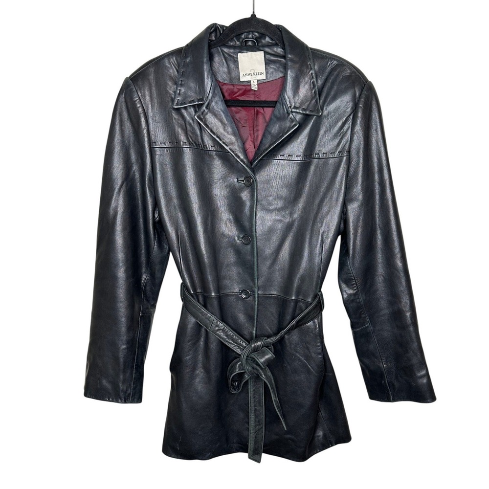 Anne Klein Vintage Y2K Lambskin Leather Belted Jacket Womens L Black Button Coat